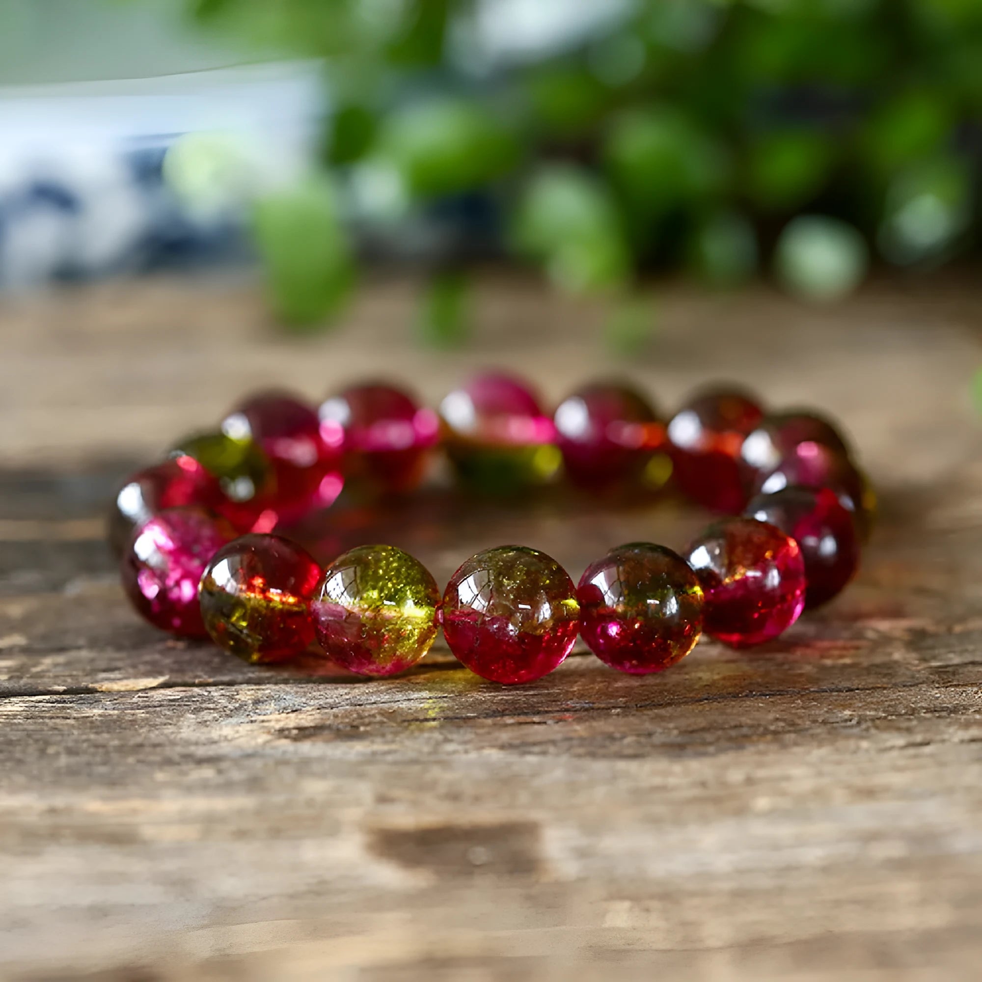 Women's handmade watermelon crystal bead bracelet showing options in different bead sizes.