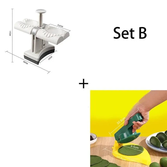 White double-head manual dumpling mould with stainless steel and plastic construction on a rubber anti-slip mat.