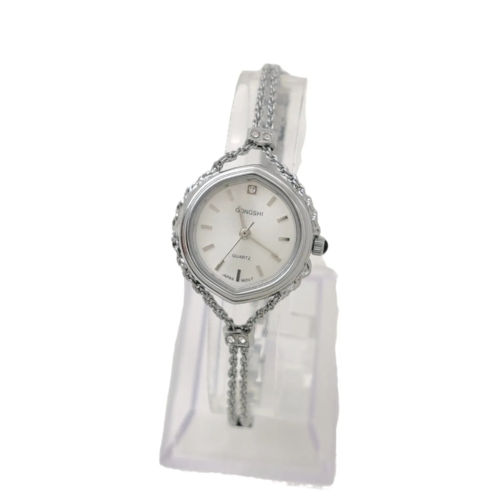 Women's Mori style quartz watch with 25mm dial, 7mm thickness, mineral glass face and chain strap in gold or silver