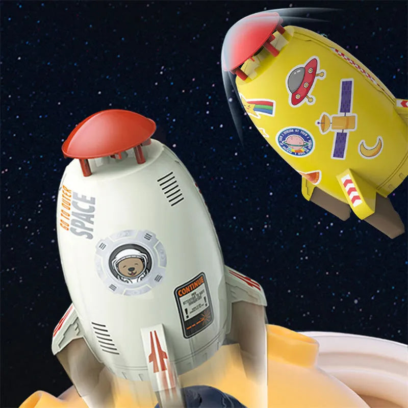 Yellow water pressure rocket launcher toy with base and interface connectors for outdoor garden play