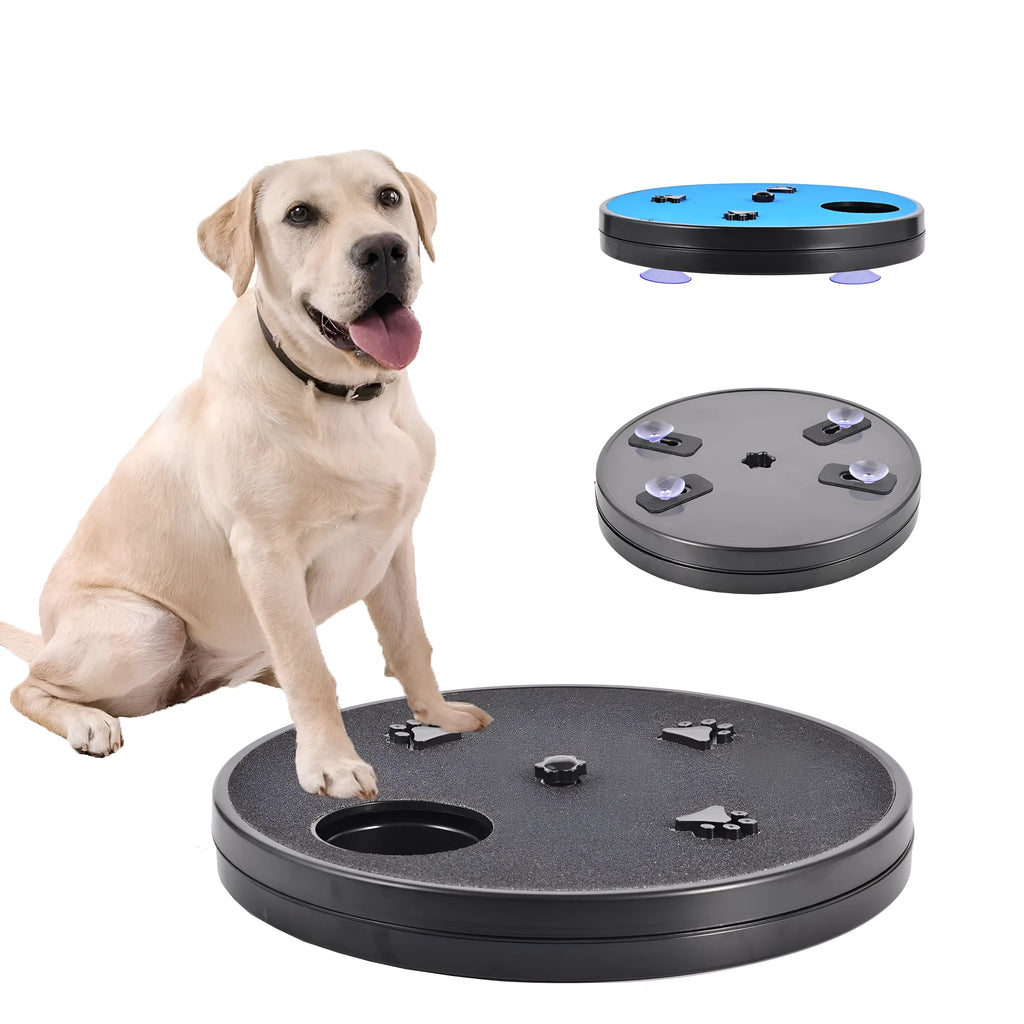Square blue dog nail file scratching board with rotatable top and suction cup base on a wooden floor.