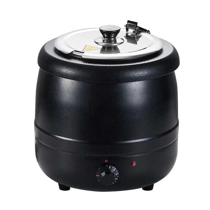 Black and stainless steel 10-litre electric insulation pot with large cover and adapter plug.