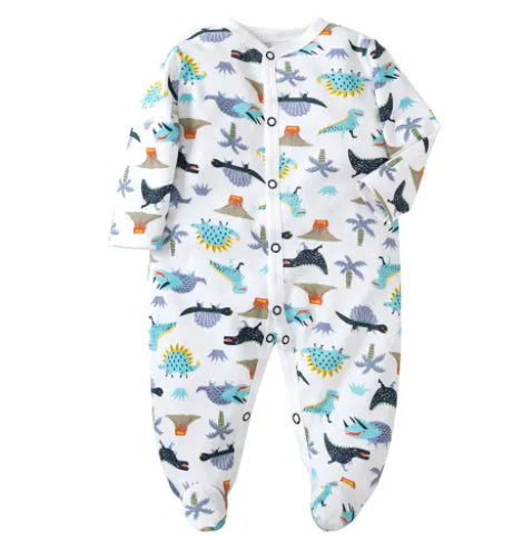 Cotton baby one-piece clothes in a dinosaur print design for infants aged 3 to 12 months