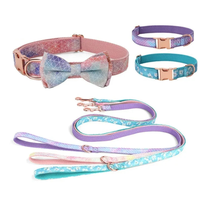 Polyester pet collar with rose gold buckle and decorative bow in multiple colour options