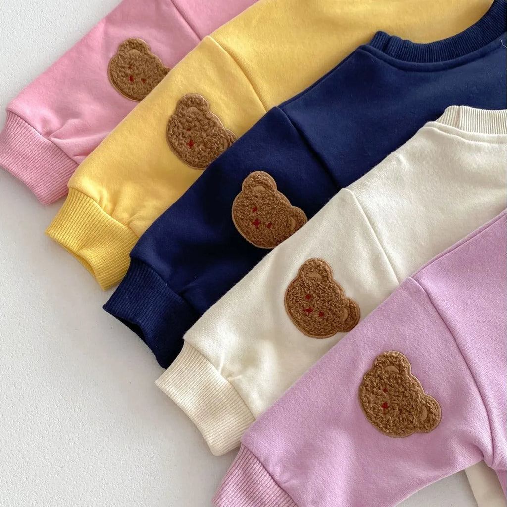 Long sleeve bear pullover sweater suit set in light beige for children 73-110cm cotton cartoon pattern