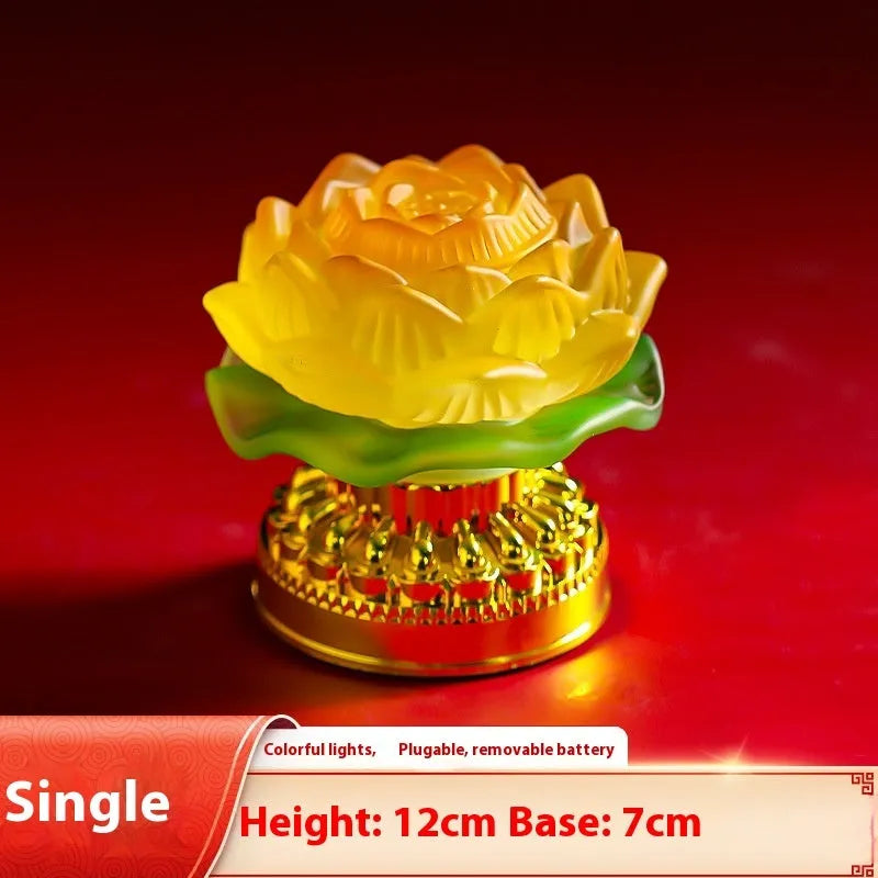 Yellow Chinese-style lotus lamp for Buddha altar decor in flower bud or flowering form