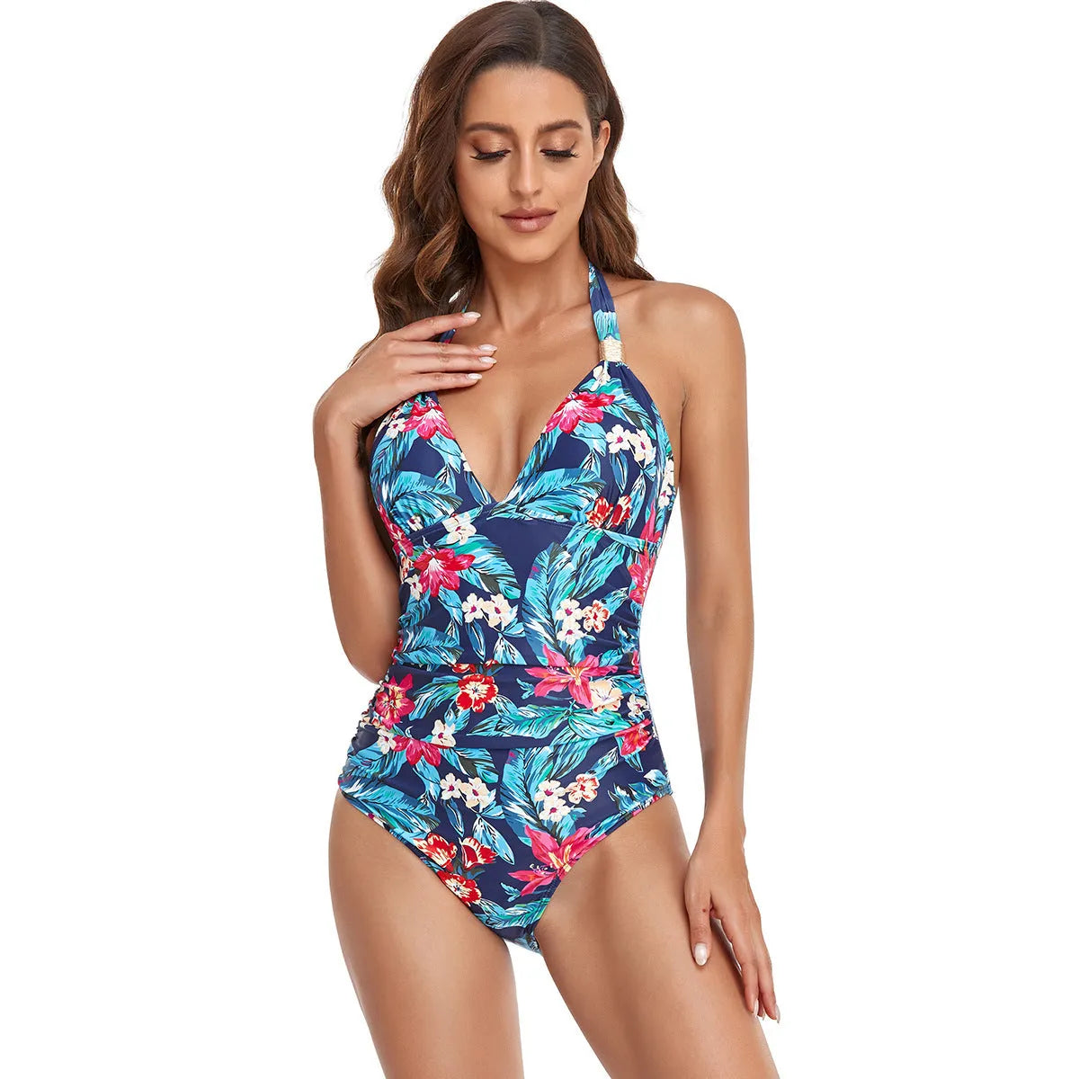 Backless one-piece swimsuit for women in leopard print and other colours.