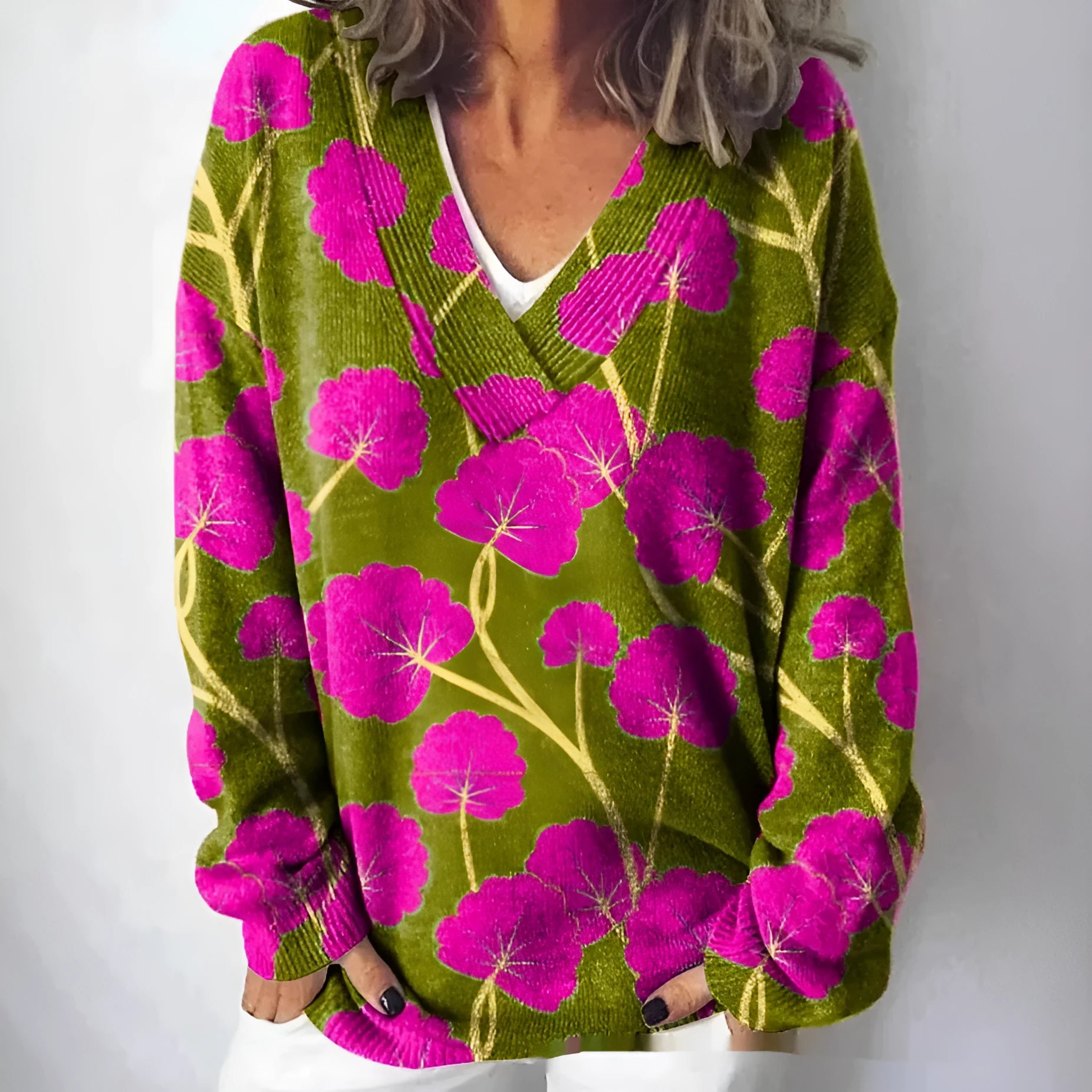 Women's V-neck long sleeve sweatshirt with a retro 3D floral pattern print in a colour from the E073 range.