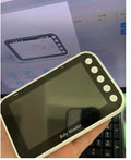Baby monitor with 4.3-inch LCD screen showing baby in cot, night vision mode, camera with 120-degree rotation