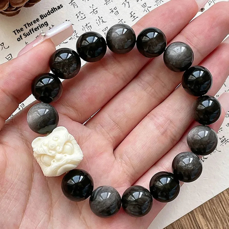 Obsidian Xingshi single circle prayer beads bracelet with chamfered square grain detailing