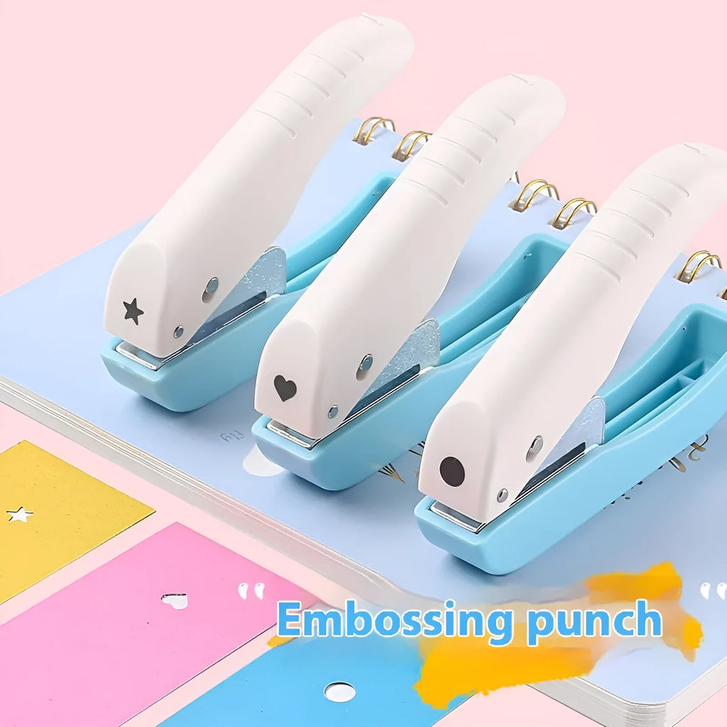 Manual craft punching machine with love, star, and round shape attachments for paper embossing.