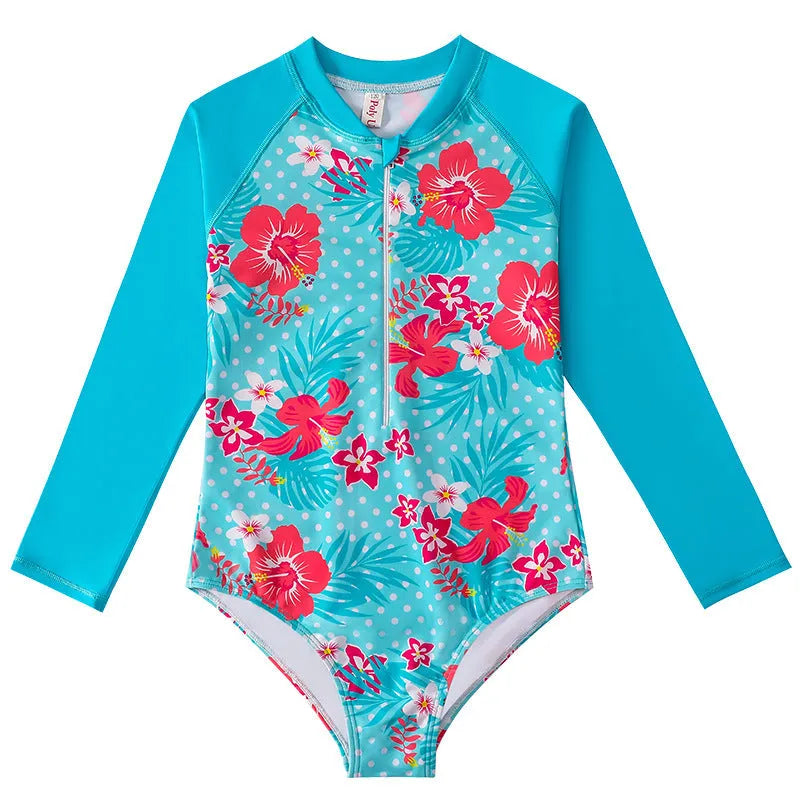 Girl's long-sleeve one-piece swimming suit in polyester briefs style