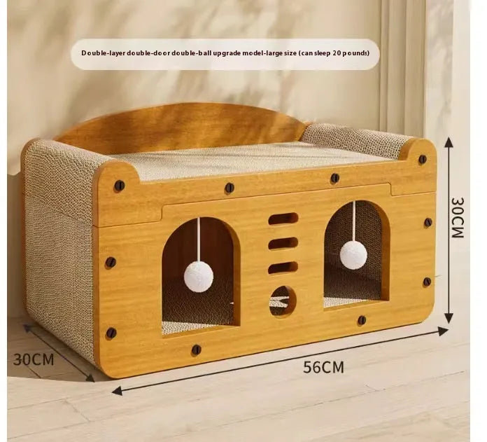 Double-layer corrugated paper cat house with scratching surfaces and dual ball-shaped door entries