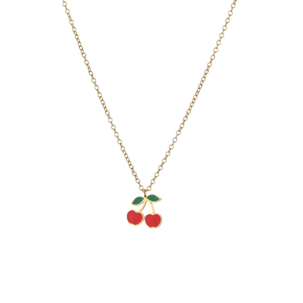 Stainless steel 18K gold plated cherry jewellery set showing necklace, bracelet, earrings, and ring.