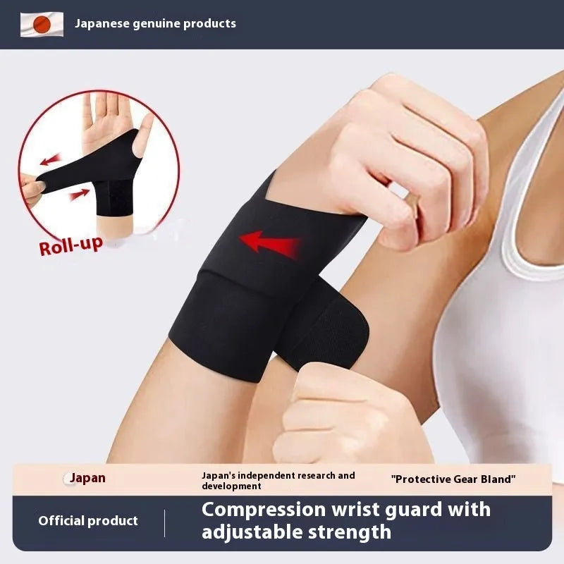 Adjustable black athletic wristguard for left or right hand during badminton or tennis.