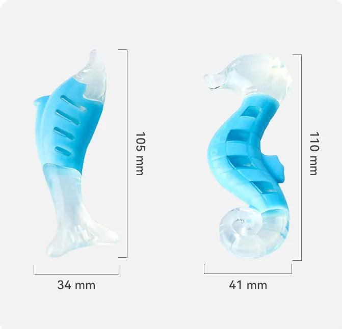 Two colourful PU nylon dog chew toys: a blue seahorse and an orange tuna.