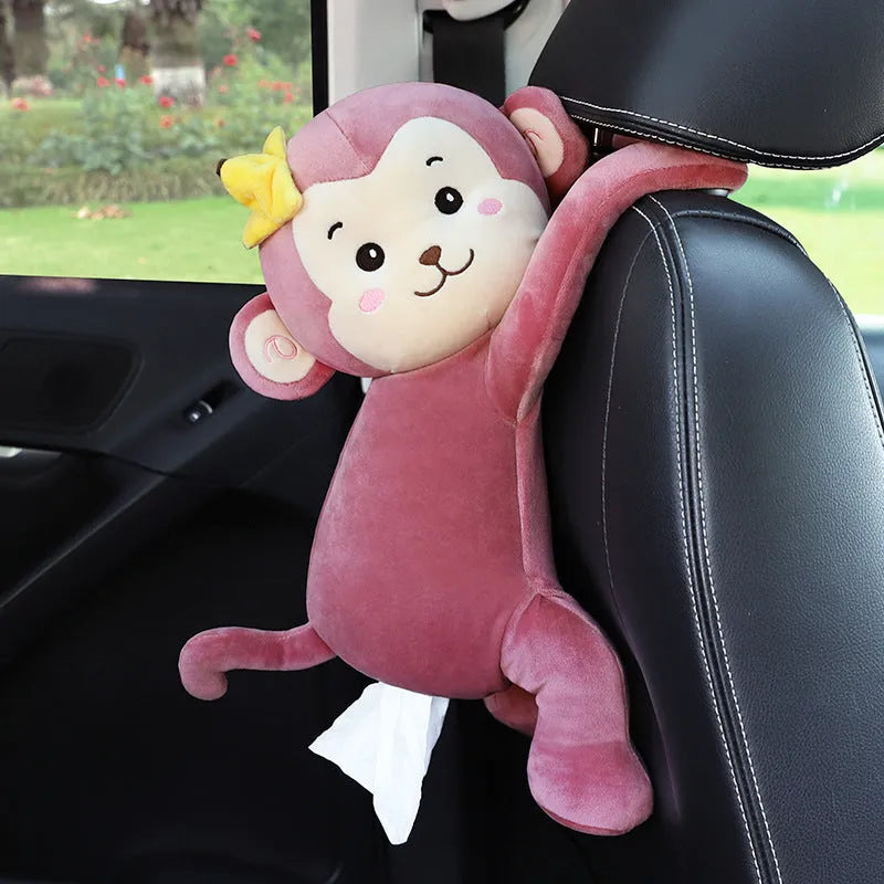 Plush car seat tissue holder with strap attached to vehicle seat back in animal design