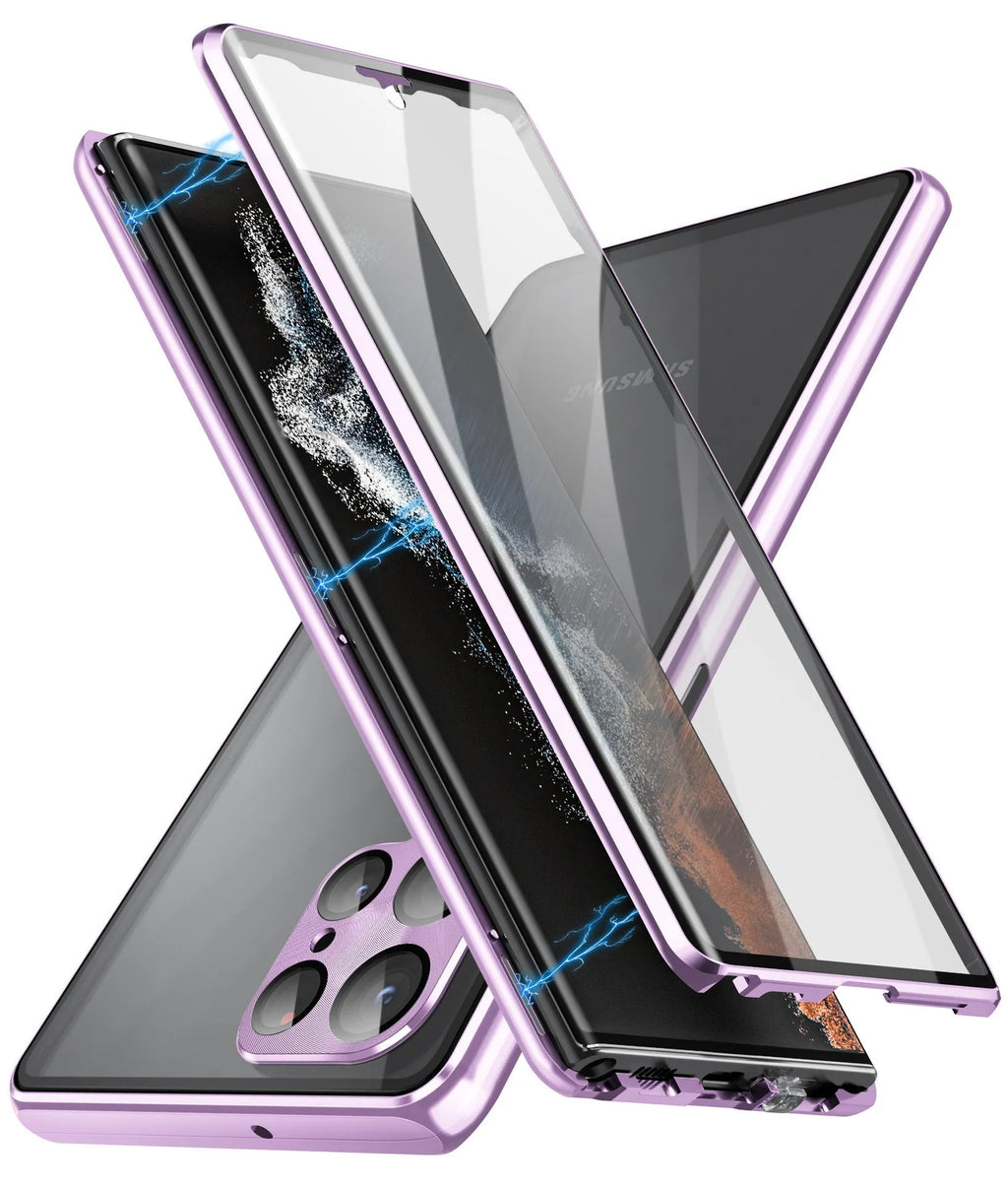 Black magnetic phone case with a peep-proof mirror for Samsung Galaxy models on a magnetic mount.