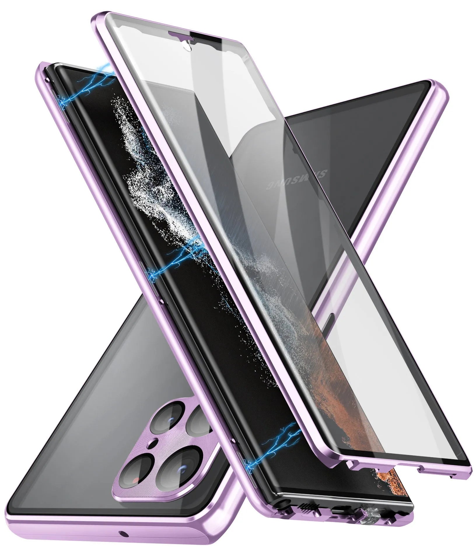 Black magnetic phone case with a peep-proof mirror for Samsung Galaxy models on a magnetic mount.