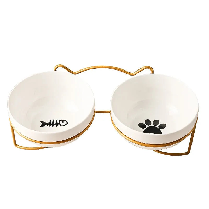White ceramic cat bowl with cat paw pattern and black iron frame with cat ears