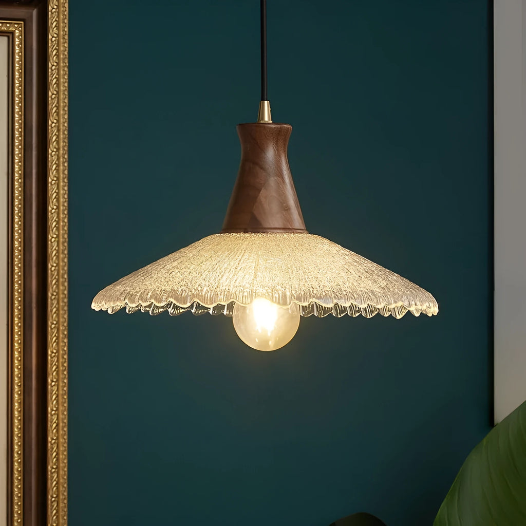 Retro-style wooden body and glass shade brass chandelier ceiling lamp