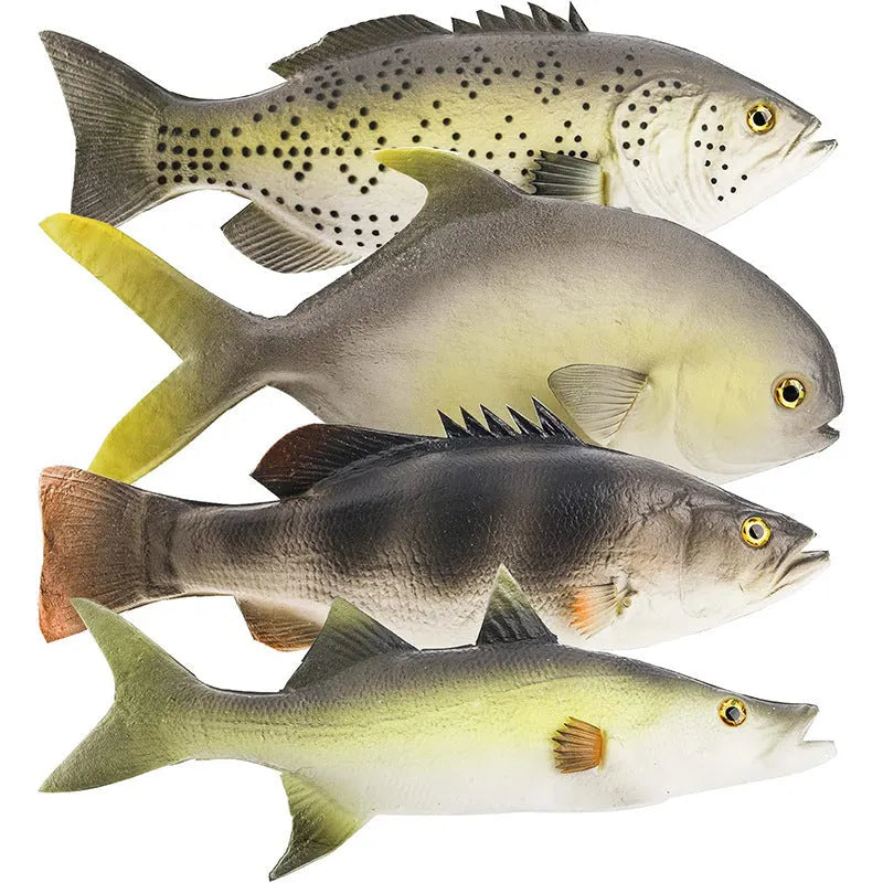 Set of three PU simulated fish model ornaments including yellow-fin tuna and small tuna for aquarium decor