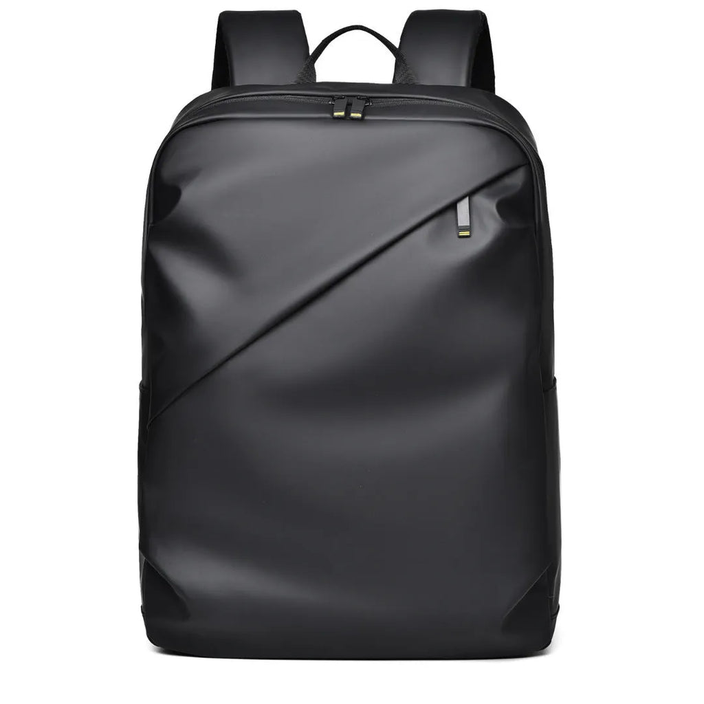 Large black waterproof PU leather backpack for men with prominent stitching, shown next to blue and grey colour options.