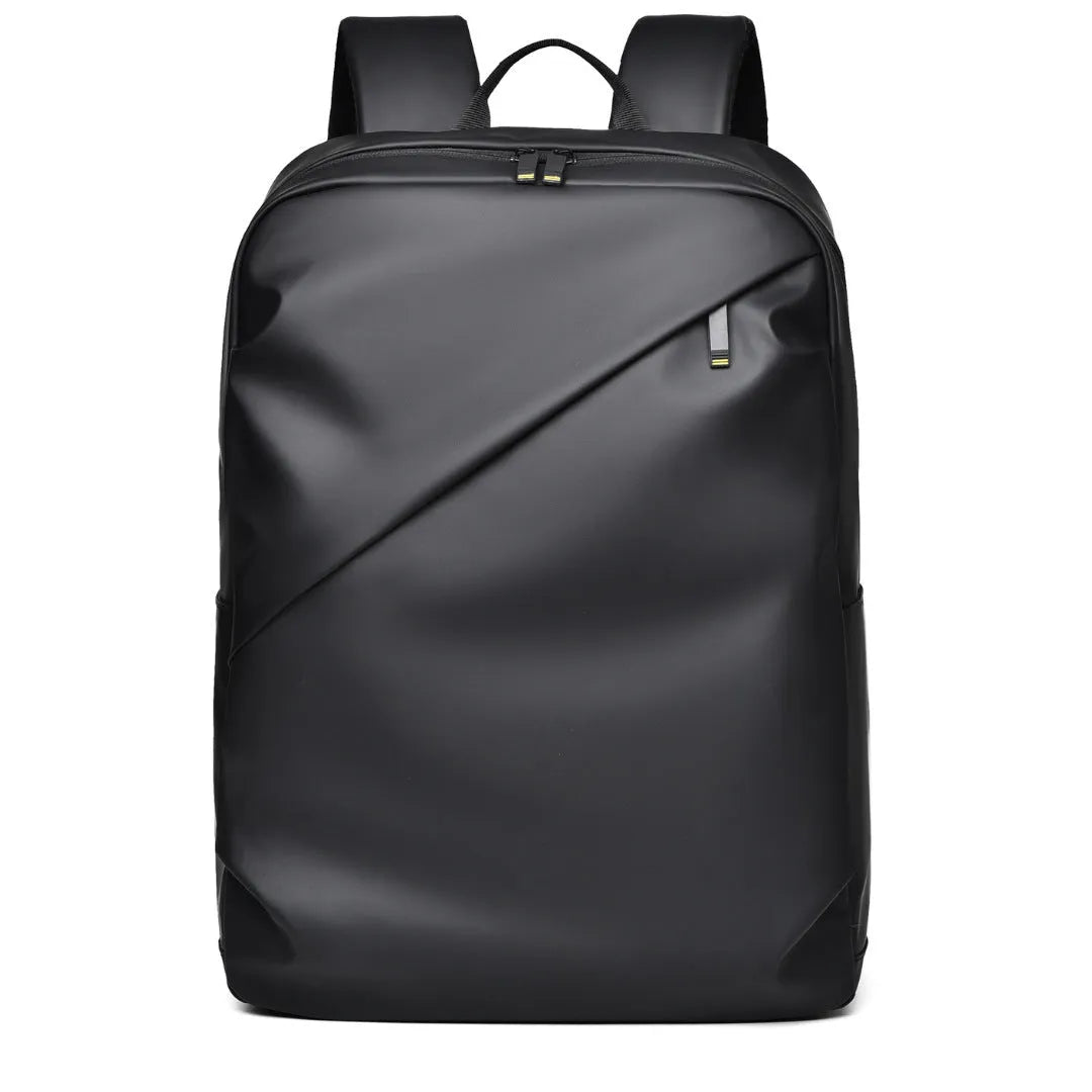 Large black waterproof PU leather backpack for men with prominent stitching, shown next to blue and grey colour options.