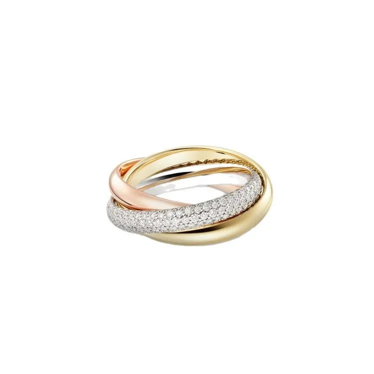 Geometric U-shaped sterling silver couple ring with full diamond pavé setting on a black background.