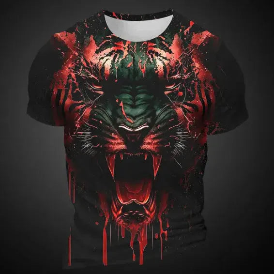 Men's grey T-shirt with a detailed 3D tiger head graphic print on the front