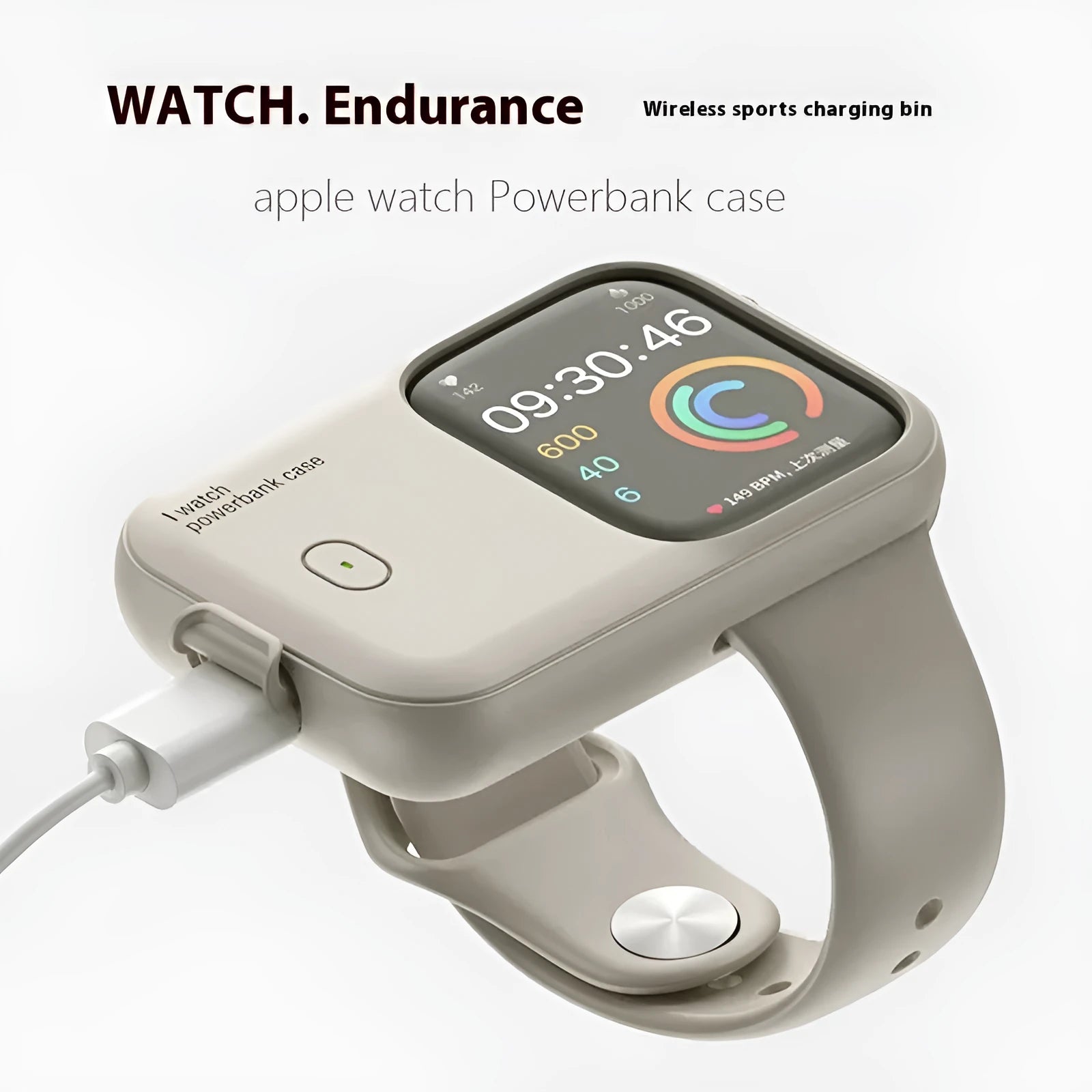 Apple Watch portable wireless charging case power bank in brown, midnight blue, and starlight colours.
