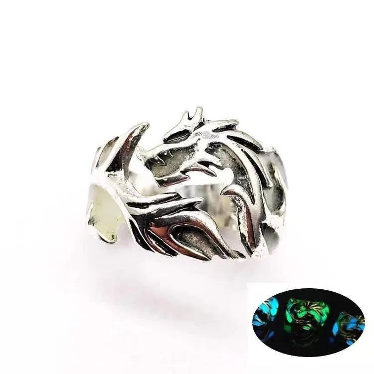 Chinese dragon pattern ring with adjustable opening in antique silver blue and green finish