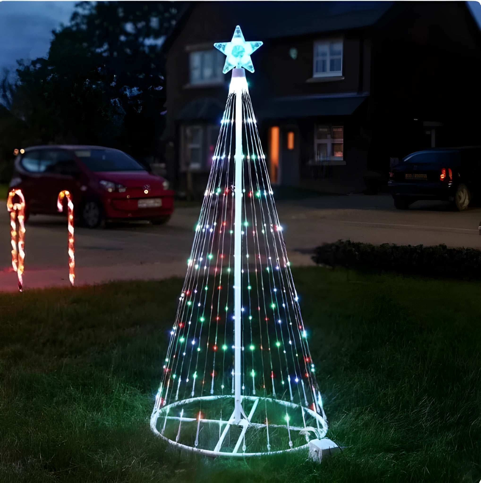 Multi-colour LED animated outdoor Christmas tree lights for garden decoration in 1.5m or 2m sizes