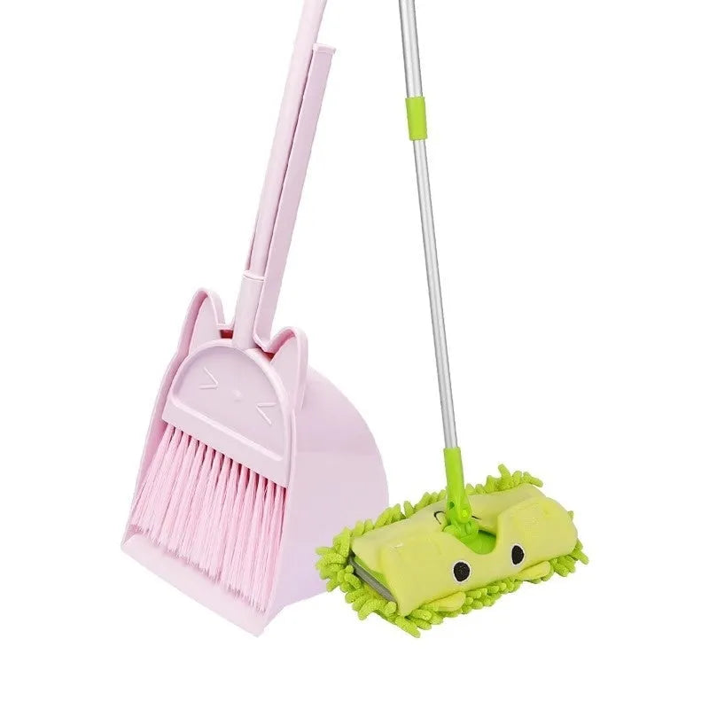 Purple broom and dustpan set with rotating head and brush holder storage