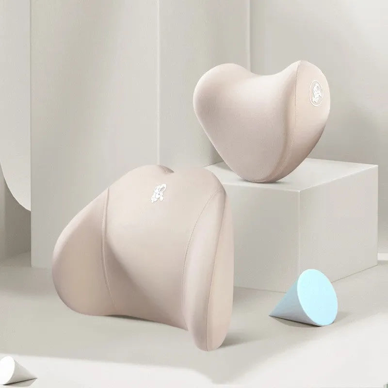 Heart-shaped memory foam car pillow set showing lumbar support and headrest pillow in grey colour with contrasting heart design