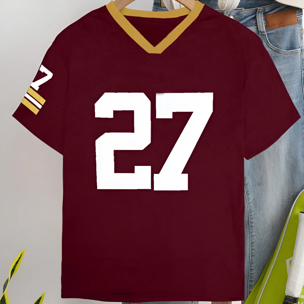Loose fit red cotton T-shirt with digital printed letter patterns and contrast details