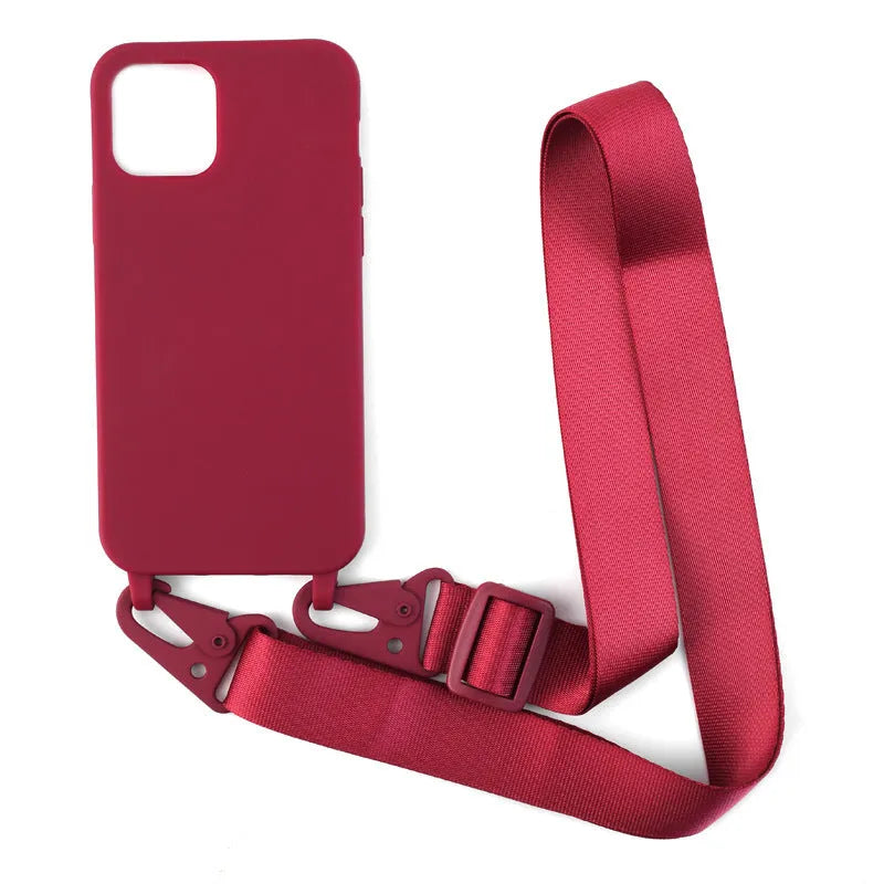 Black TPU buckle ribbon lanyard phone case protective sleeve with lanyard and opening for camera.