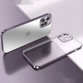 Transparent square frame silicone phone case for iPhone on a blue background.