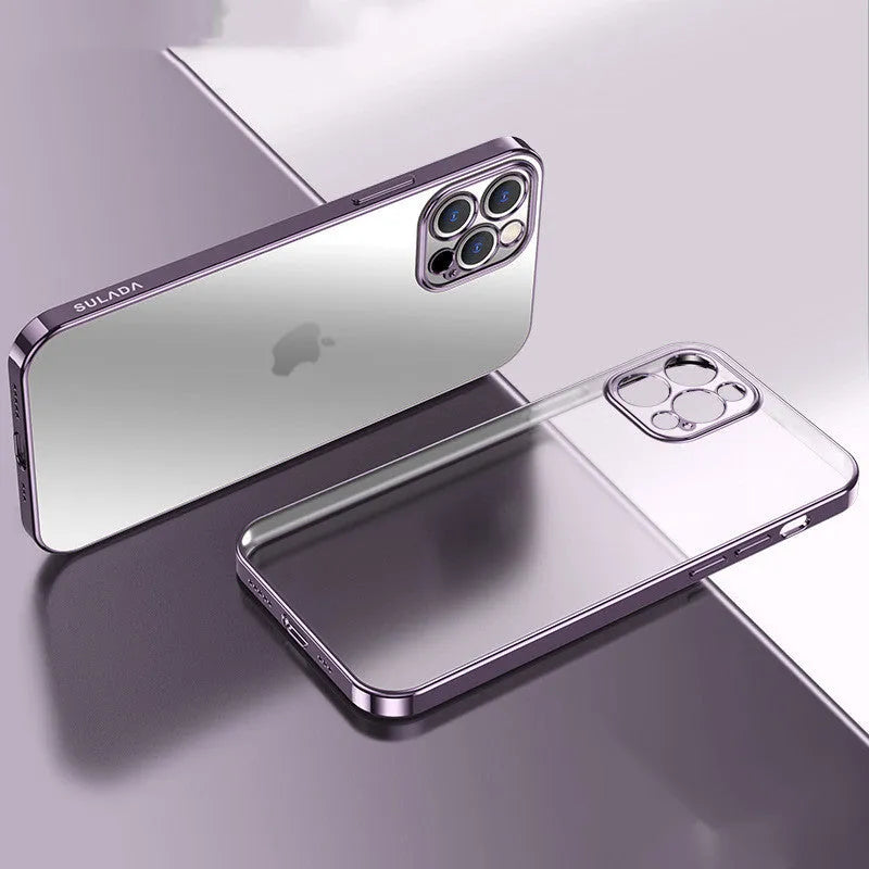 Transparent square frame silicone phone case for iPhone on a blue background.