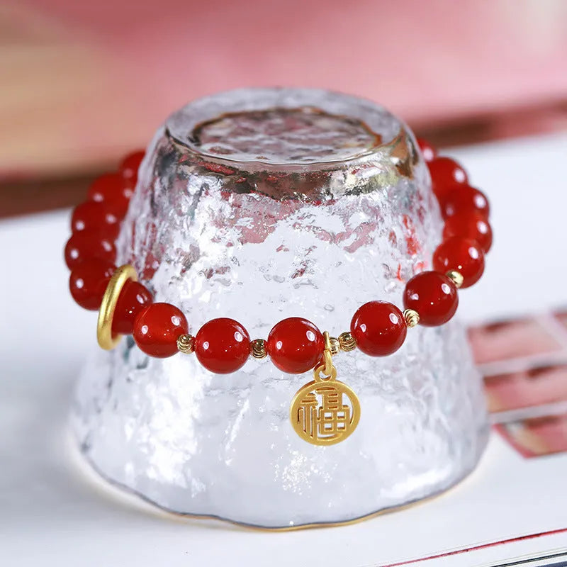 Natural red agate bracelet with weaving construction in national style design