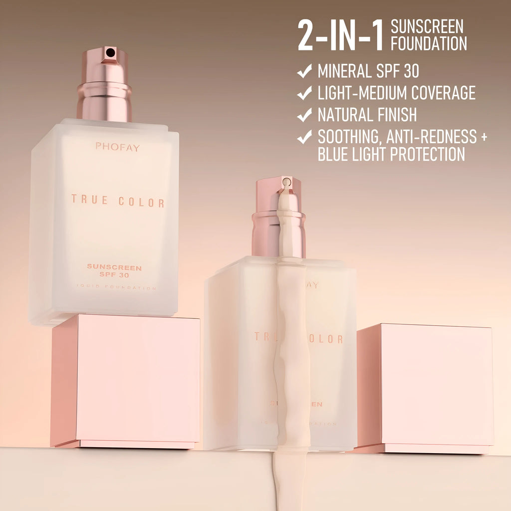 Matte sunscreen liquid foundation SPF 30 bottle with six colour shade options