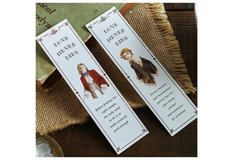 30 sheets of white cardboard bookmarks showing four design themes including Phantom of the Opera and Salt of Life
