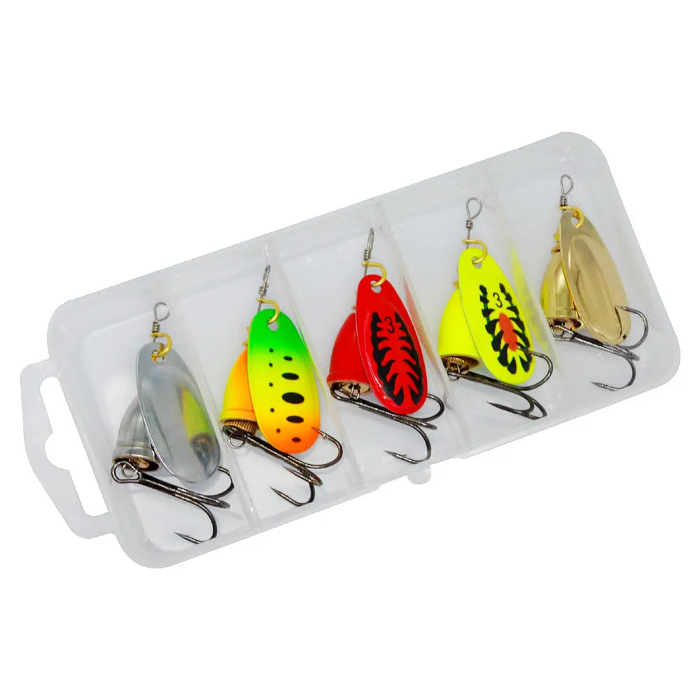 R composite rotating sequins copper bell metal fishing lure in multiple colour options on a blue background