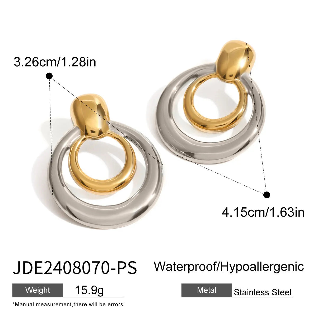 Gold geometric round stud earrings with double-layer hollow design on titanium steel posts