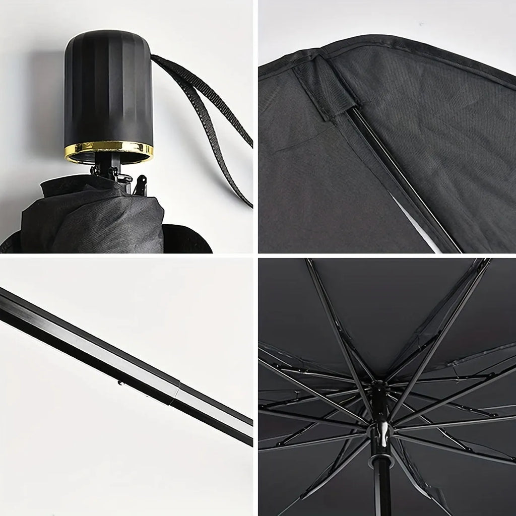 Foldable car windshield sunshade umbrella shown in open position against vehicle windshield