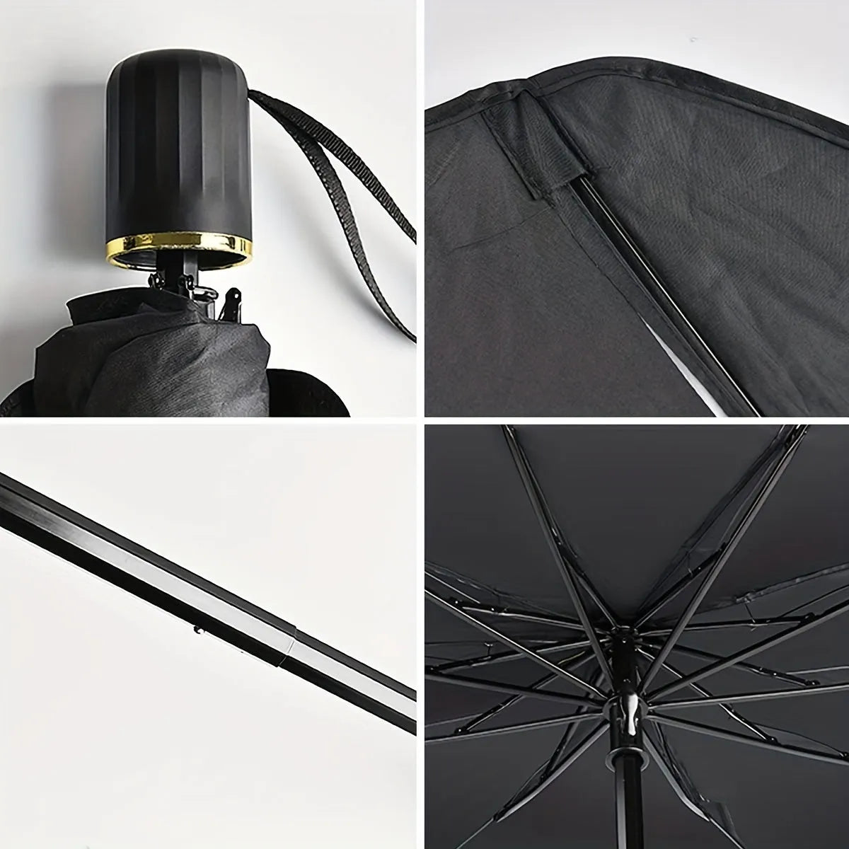 Foldable car windshield sunshade umbrella shown in open position against vehicle windshield