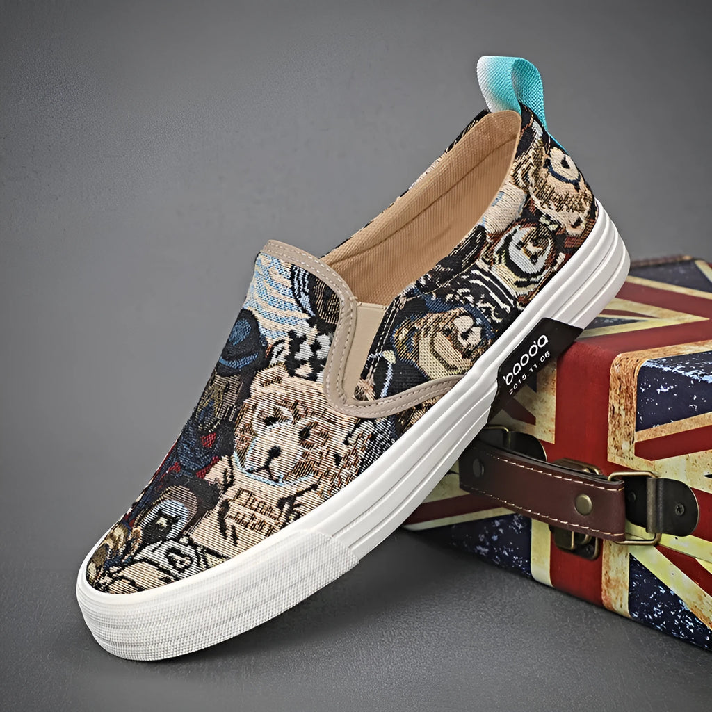 Canvas slip-on sneakers in khaki, grey green, or black with vulcanised rubber sole.