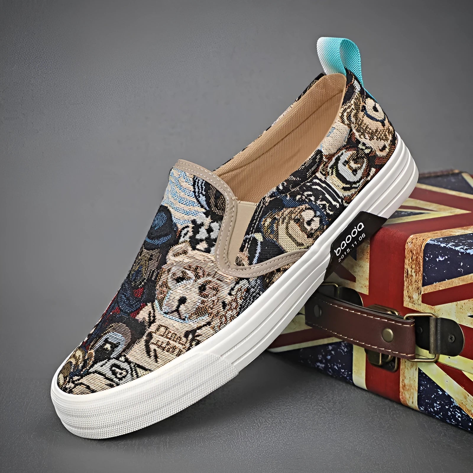 Canvas slip-on sneakers in khaki, grey green, or black with vulcanised rubber sole.