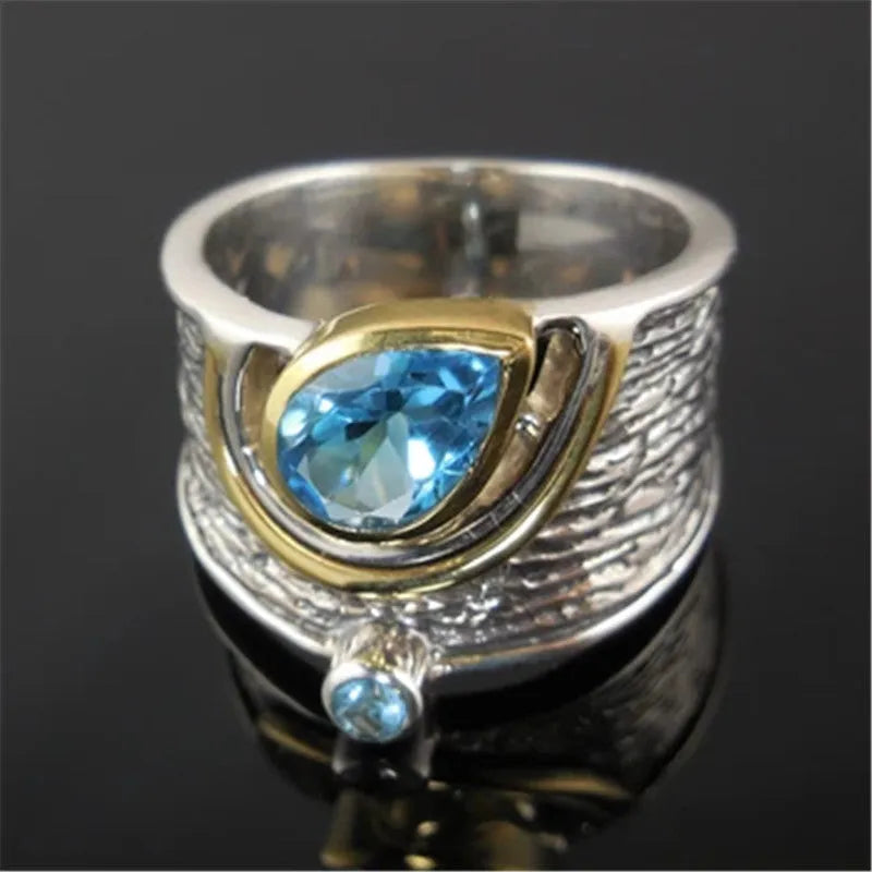 Women's blue Chinese style rhinestone zircon ring with drop shape design on alloy base