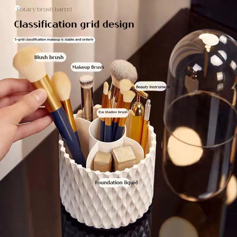 Transparent acrylic makeup brush storage box with rotating base and white brush tubes